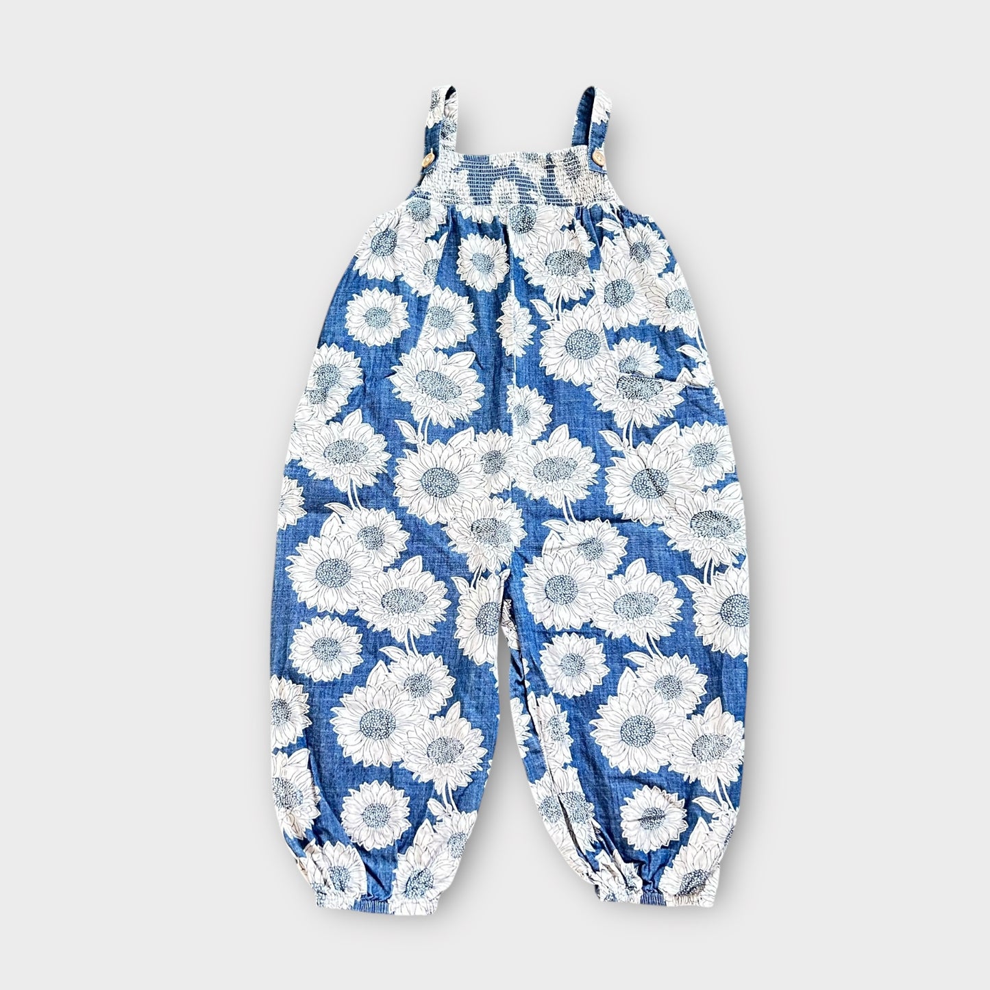 2-3 Years Next Navy Blue And White Denim Look Sunflower Printed Romper Suit