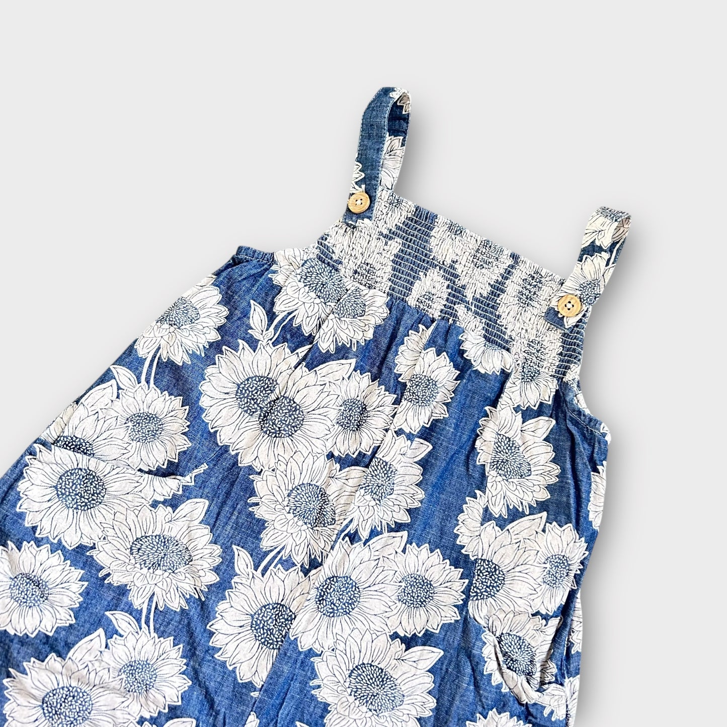 4-5 Years Next Navy Blue And White Denim Look Sunflower Printed Romper Suit