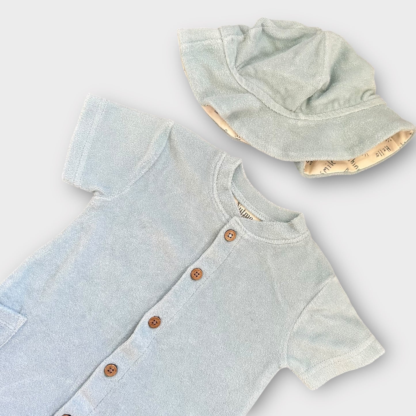 6-9 Months Nutmeg Baby Boy Blue Terry Towelling Romper and Hat Set