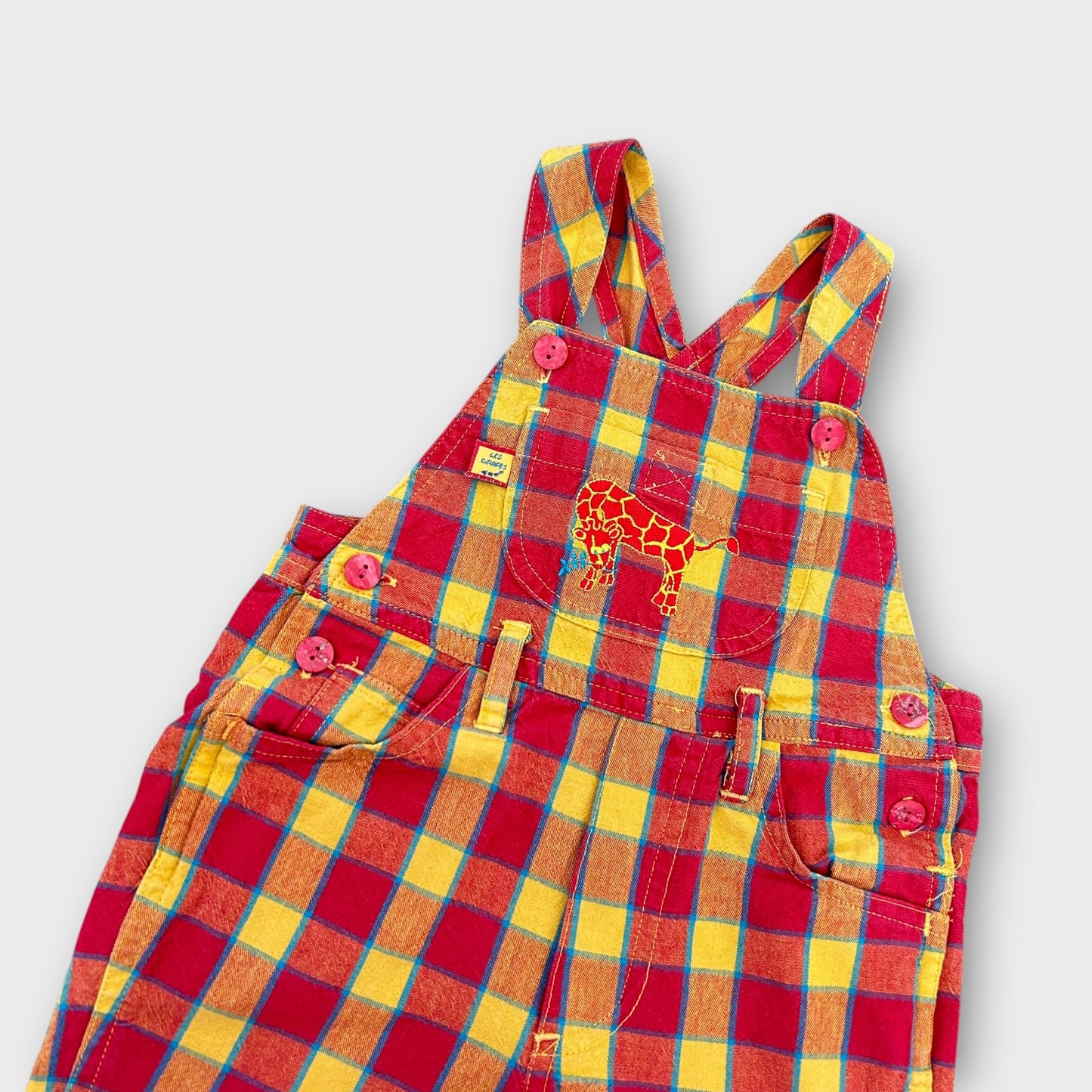 3-6 Months Vintage 90's Red and Yellow Checkered Giraffe Dungaree Shorts