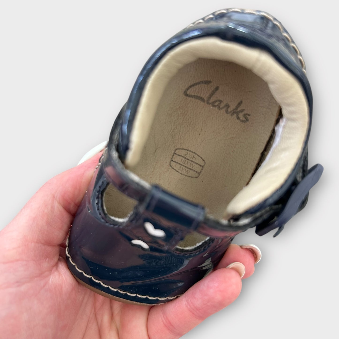 UK Infant Size 2.5H Clarks Navy Blue Patient Leather Mary Jane Shoes T-bar, First Walkers