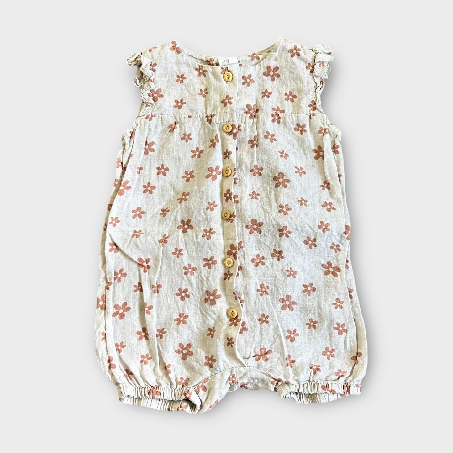9-12 Months H&M Linen Beige Floral Romper Suit