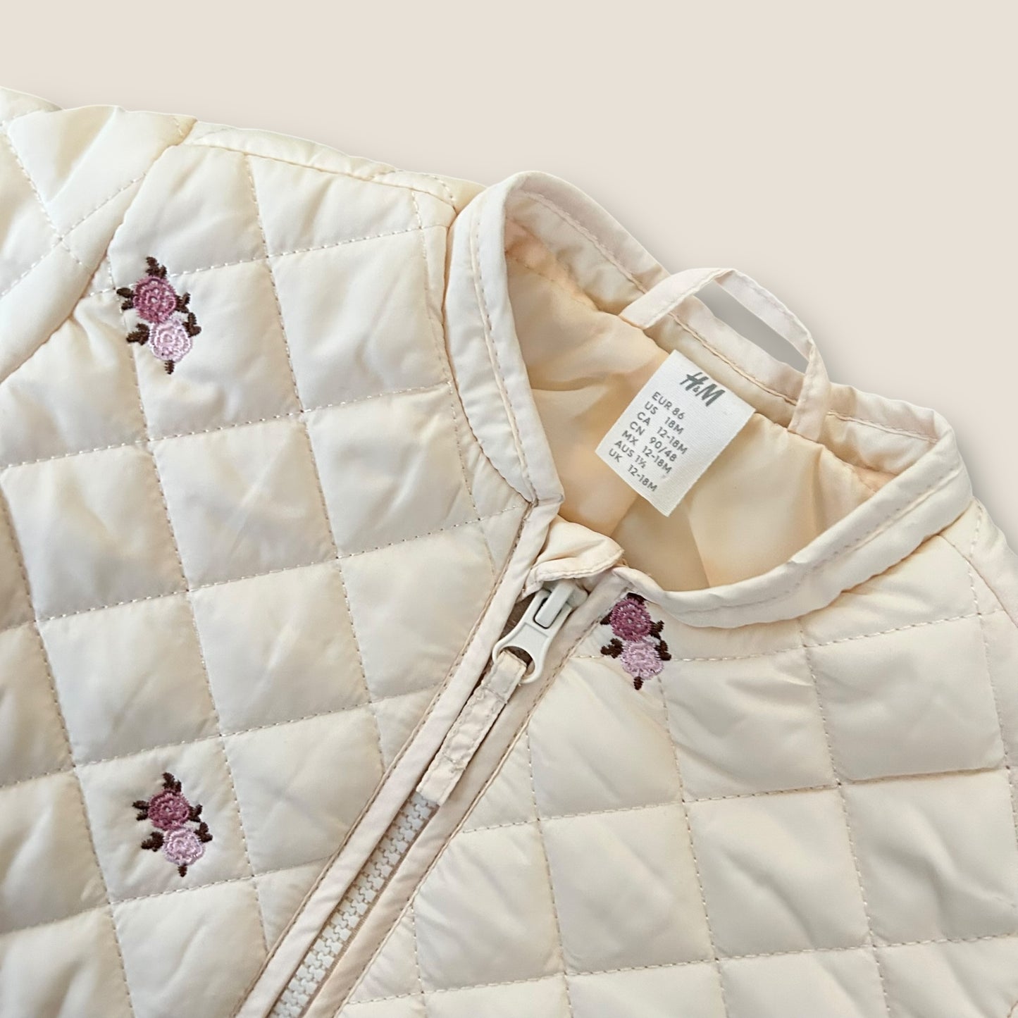 12-18 Months H&M Cream Embroidered Floral Quilted Padded Jacket