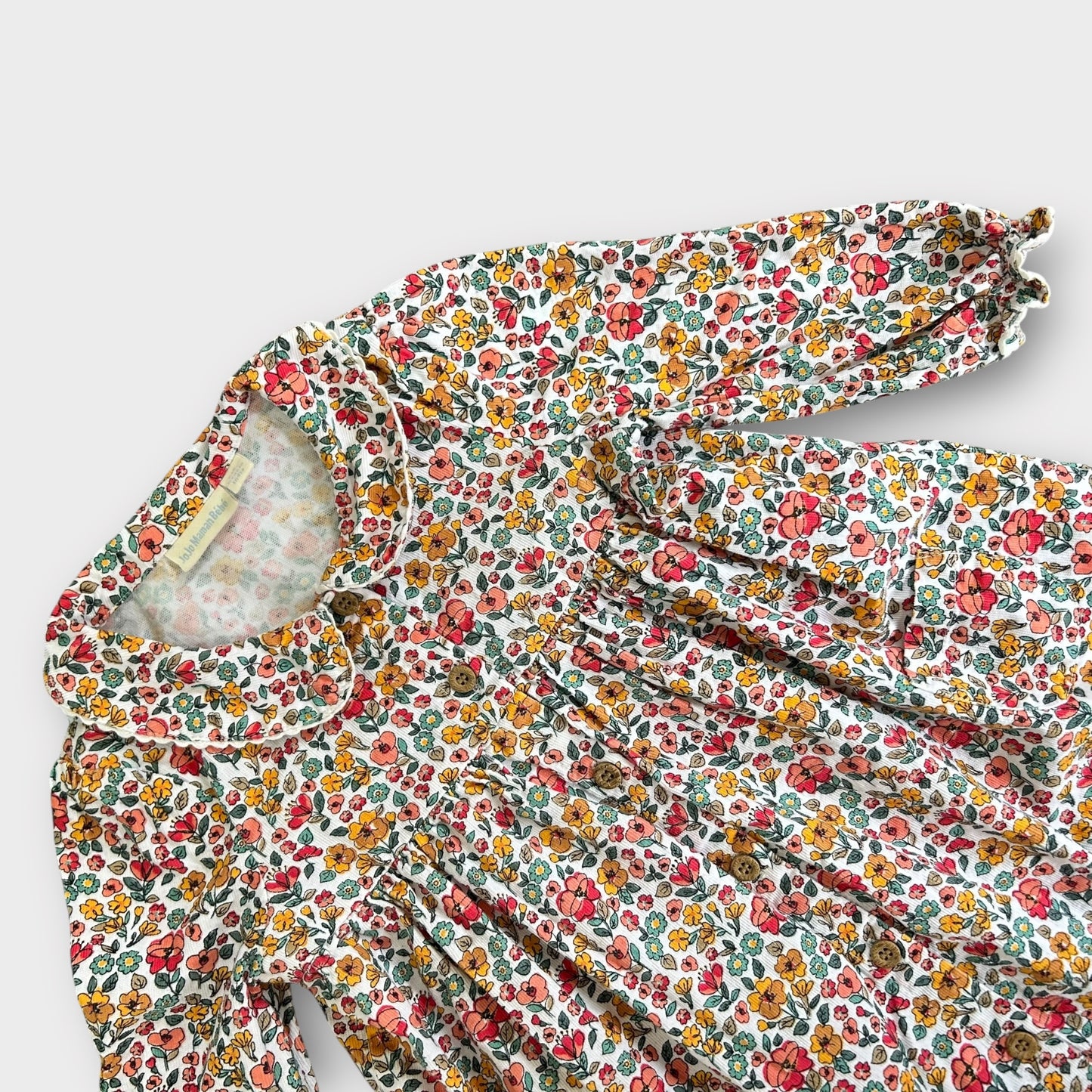 12-18 Months Jojo Maman Bebe Pink White and Yellow Floral Corduroy Dress