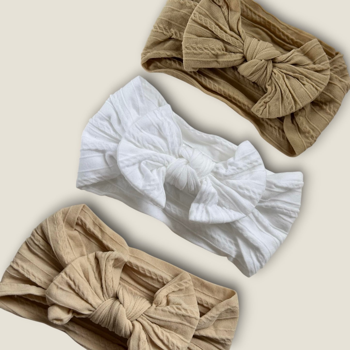 Mae White Beige 3 Piece Baby Headband Set