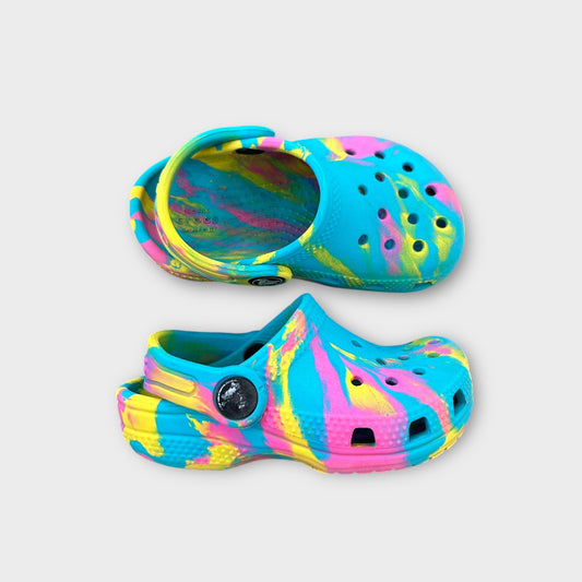 UK Infant Size 6 Blue, Pink & Yellow Marble Crocs Clogs