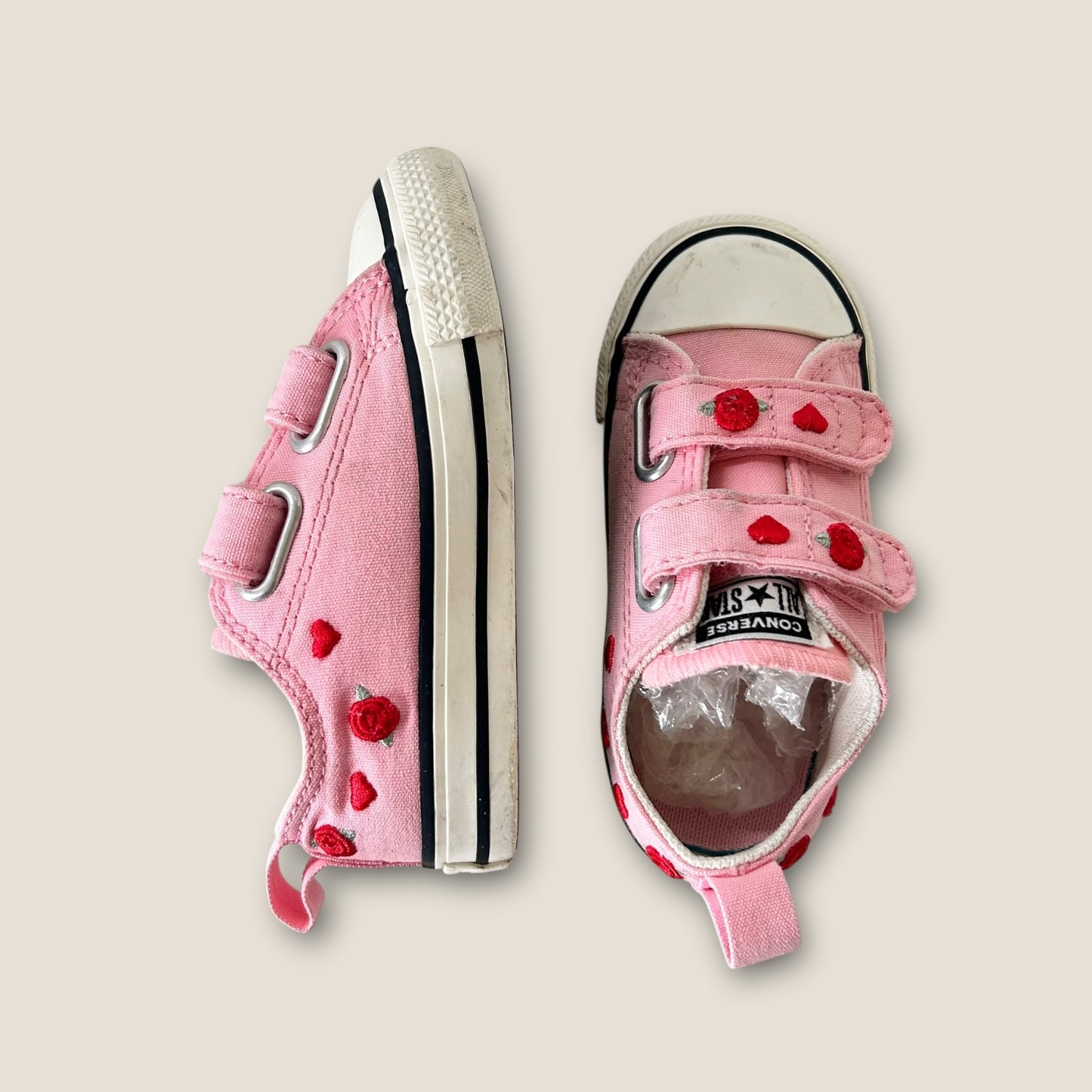 UK Infant Size 6 Pink Roses Embroidered Low Converse Velcro Trainers