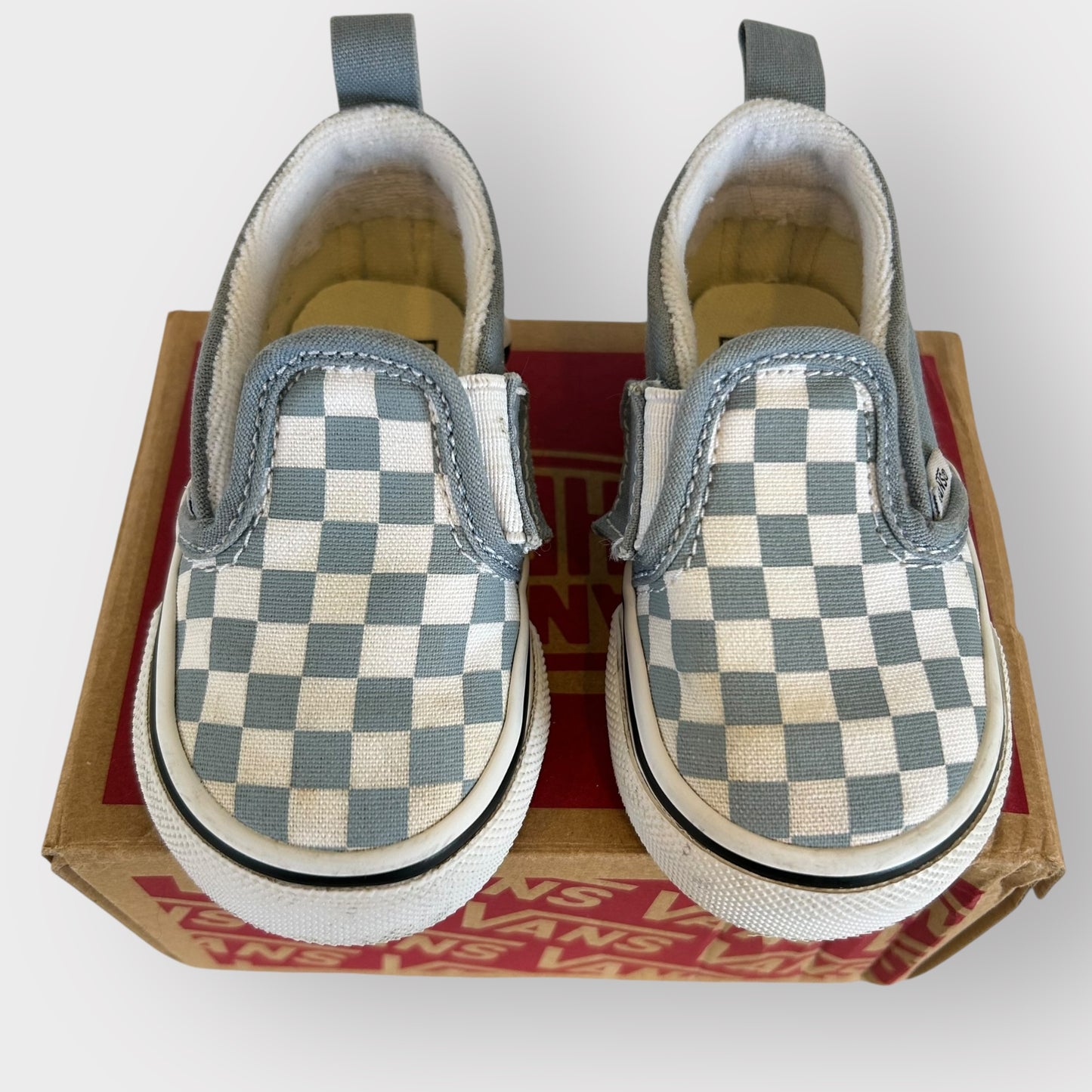 UK Infant 3 Blue and White Checkerboard Vans Slip on Trainers