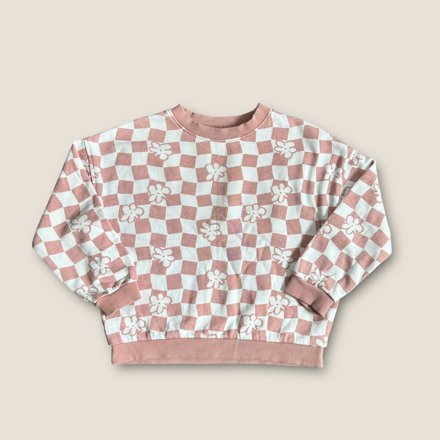 4-5 Years John Lewis Pink and White Floral Checkerboard Printed Sweatshirt