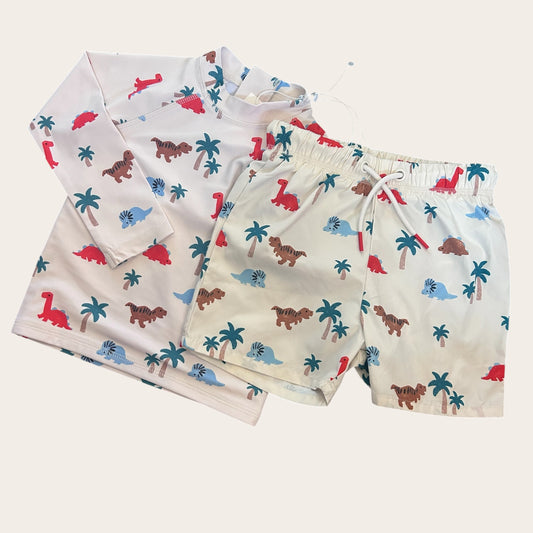 12-18 Months M&S Marks and Spencer Beige Dinosaur Swim Costume Top and Shorts Set New