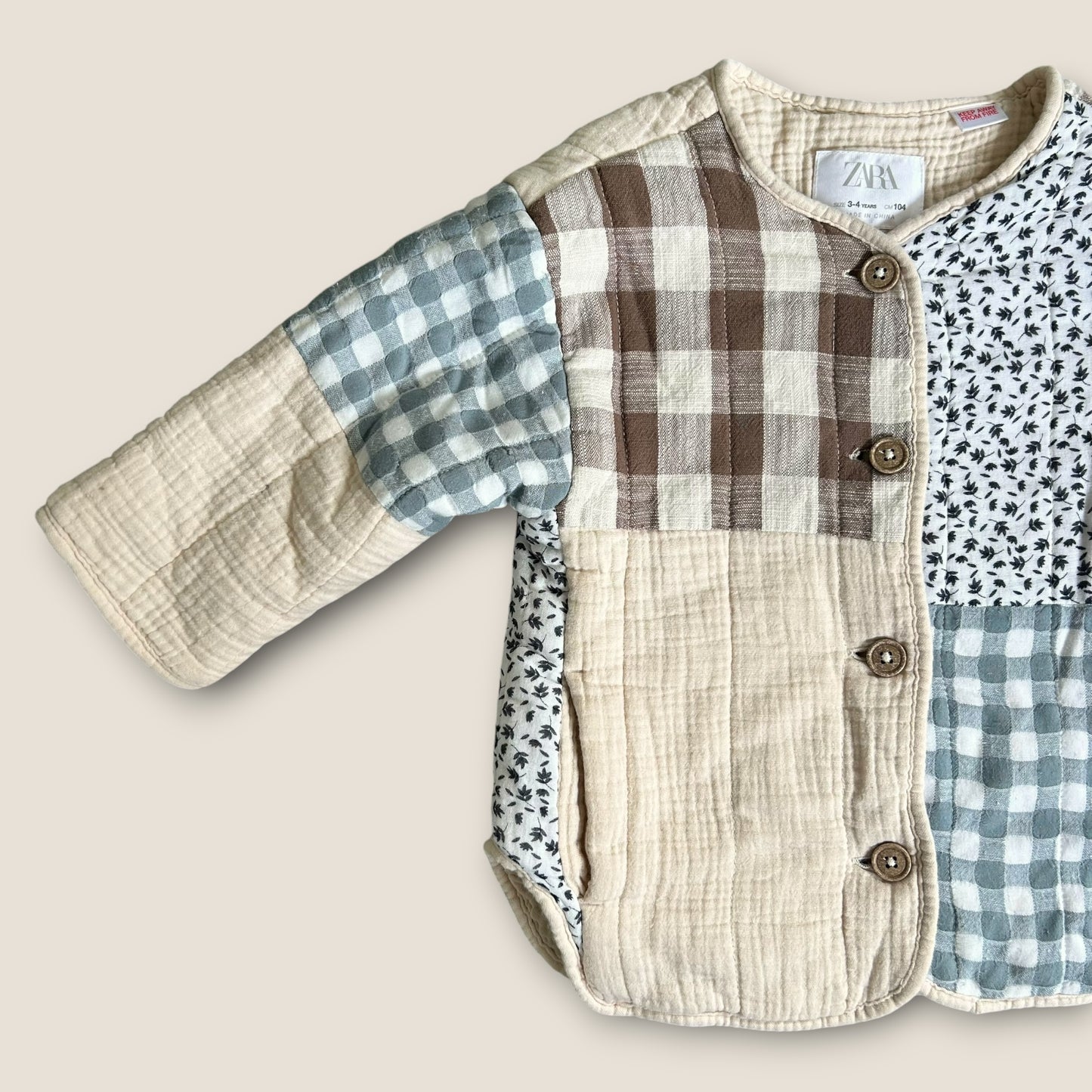 3-4 Years Zara Girls Beige Cream Patchwork Quilted Jacket