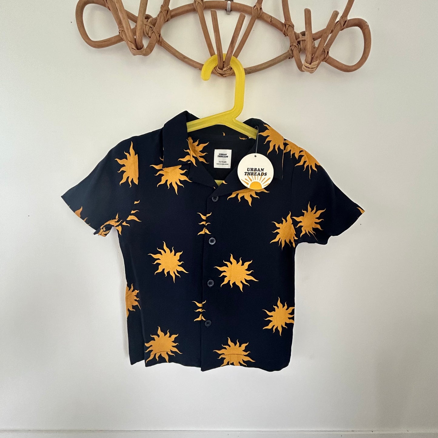 3-4 Years Urban Threads Navy Blue Mustard Sun Print Summer Shirt NEW