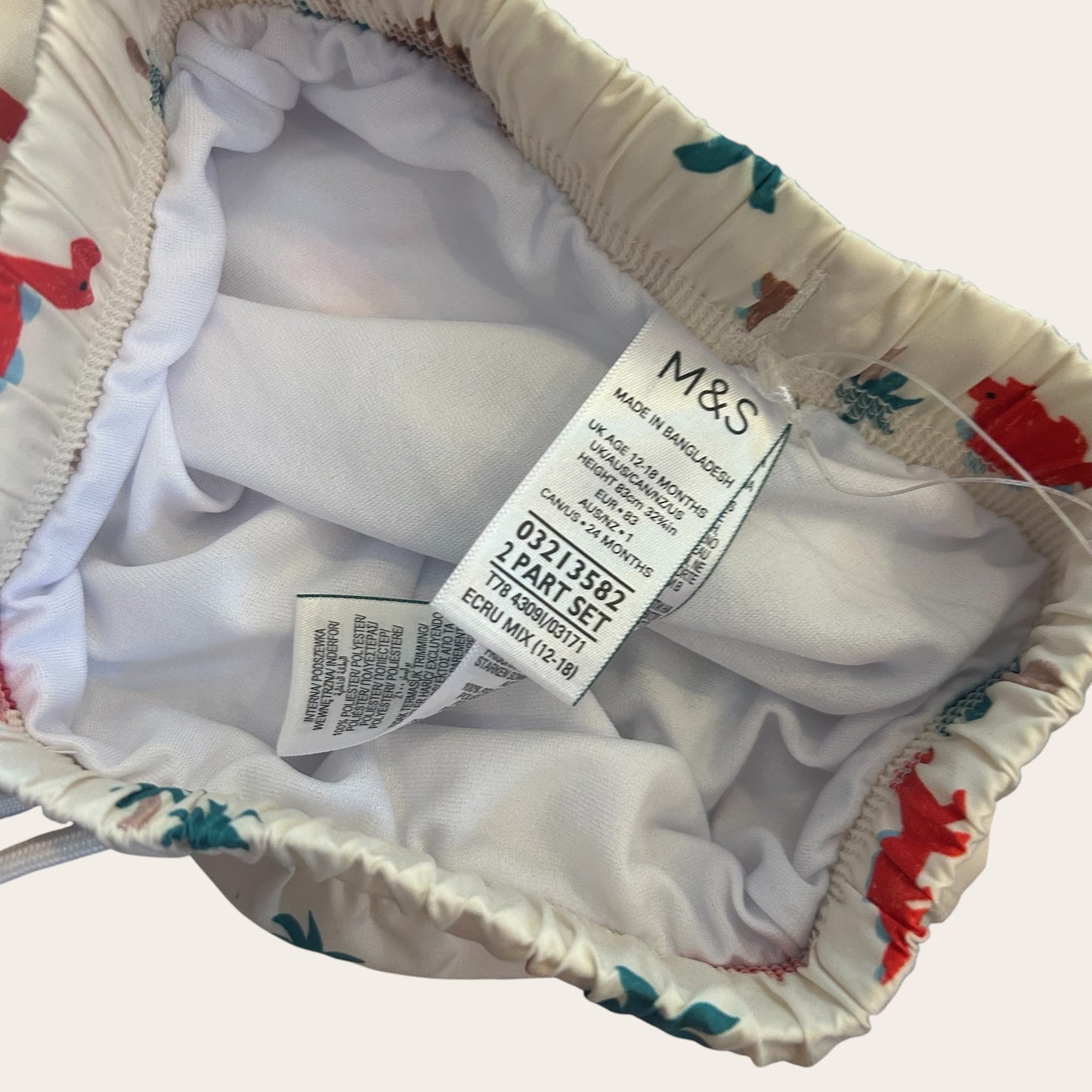 12-18 Months M&S Marks and Spencer Beige Dinosaur Swim Costume Top and Shorts Set New