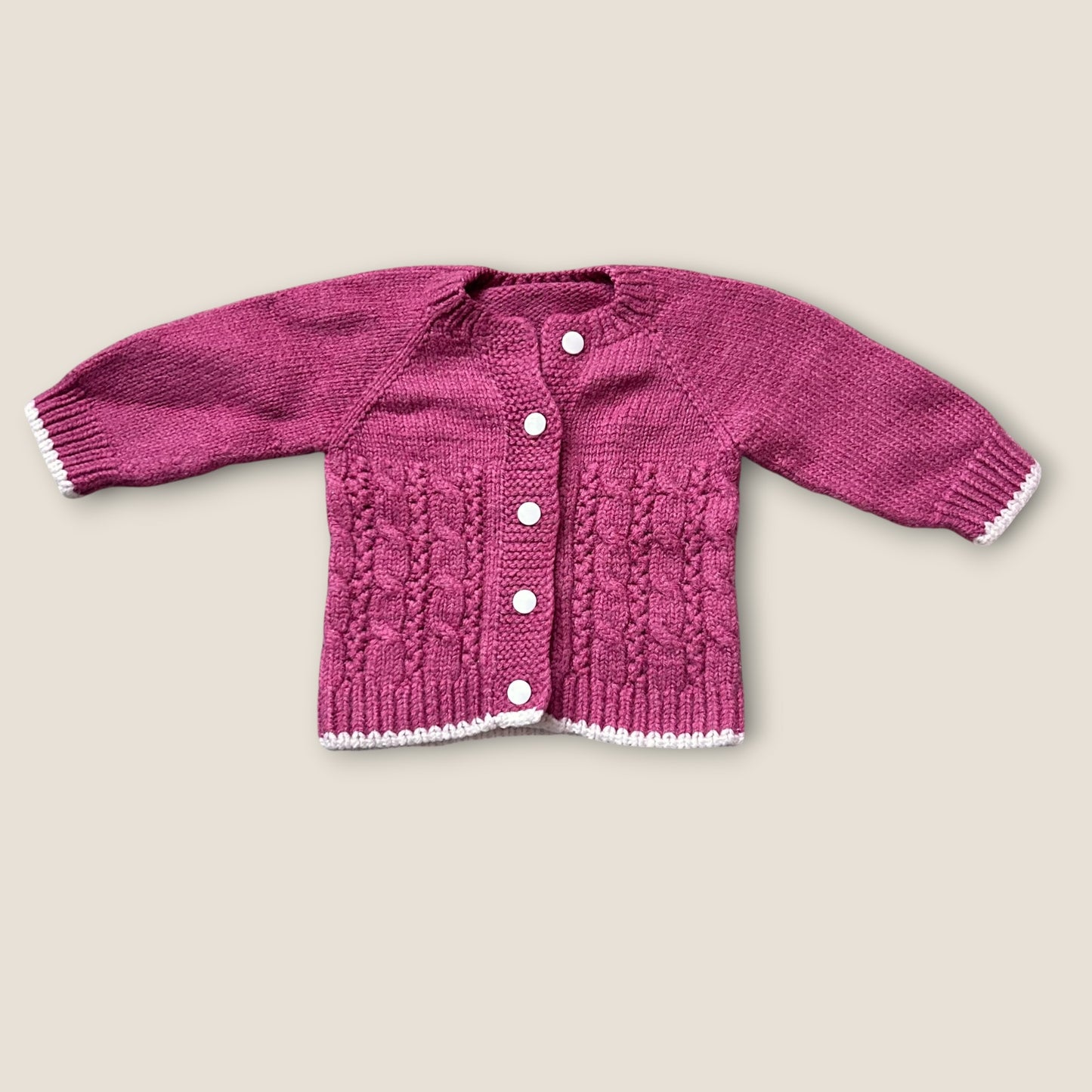 0-3 Months Hand Knitted Pink and White Cardigan