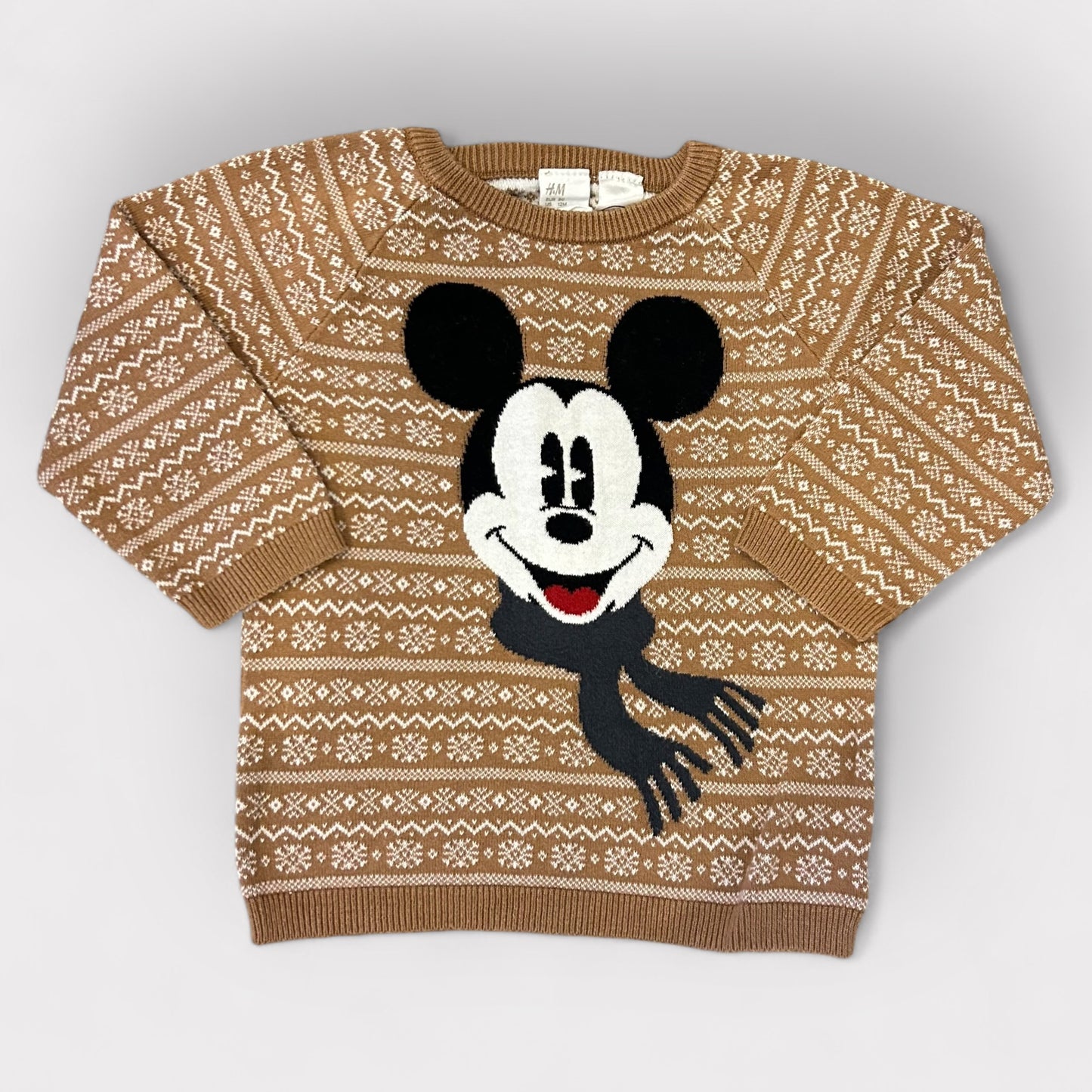 9-12 Months H&M Brown Mickey Mouse Fair Isle Fine Knit Jumper