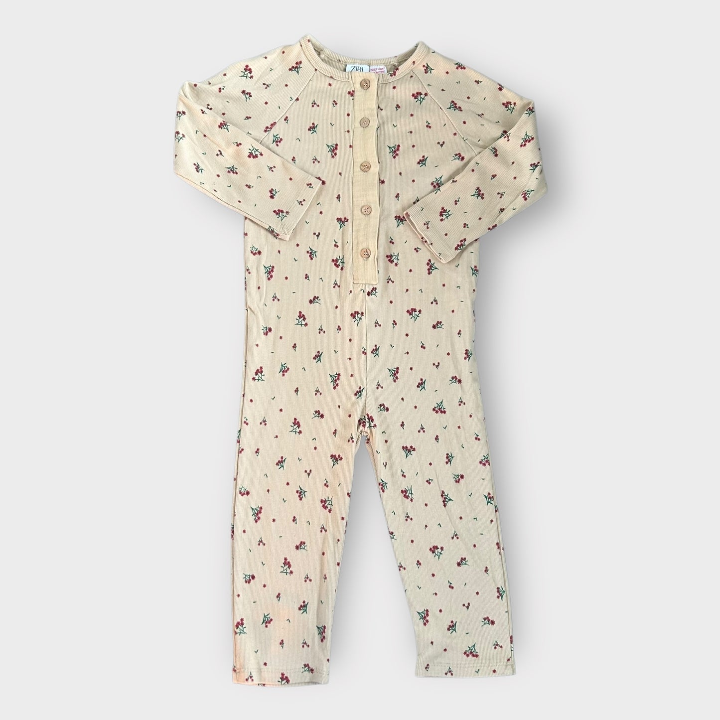 3-4 Years Zara Beige Red Ditsy Floral Ribbed Jersey Jumpsuit Romper