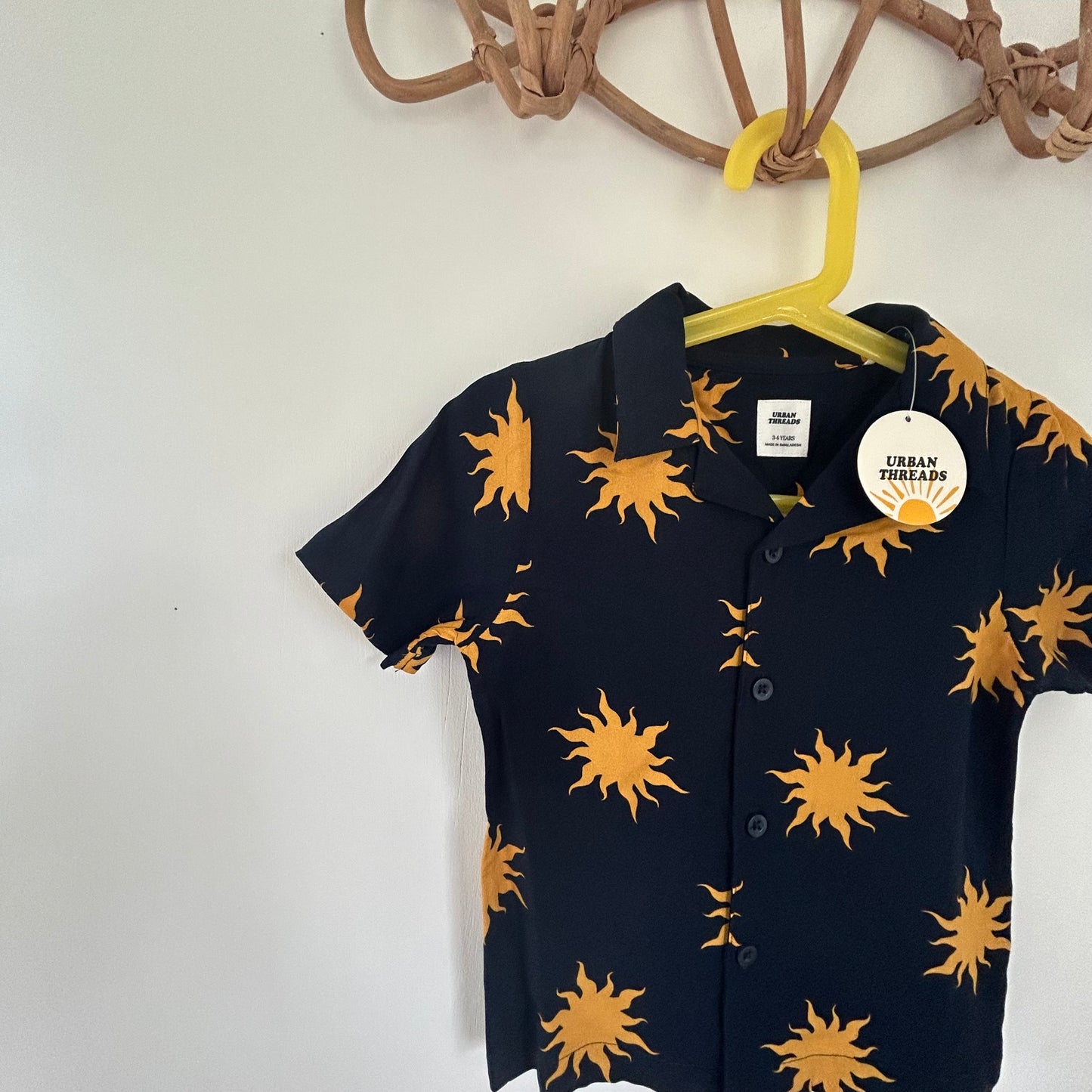 3-4 Years Urban Threads Navy Blue Mustard Sun Print Summer Shirt NEW