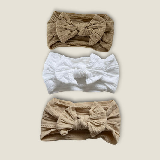 Mae White Beige 3 Piece Baby Headband Set