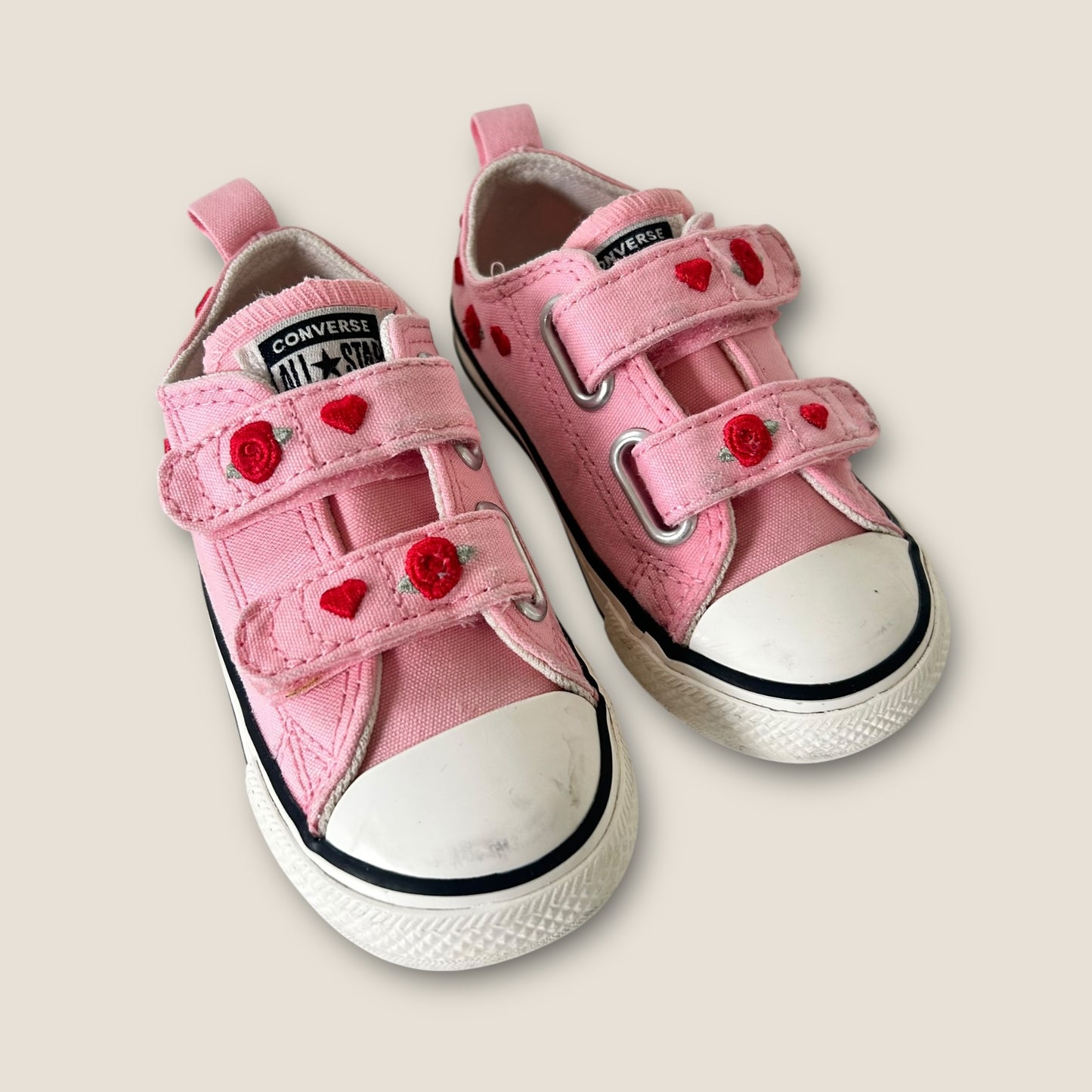 UK Infant Size 6 Pink Roses Embroidered Low Converse Velcro Trainers