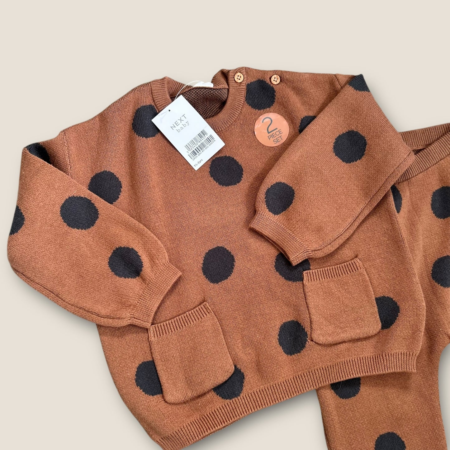 1.5-2 Years Next Brown Unisex Polka Dot Knitted Jumper and Trousers Co Ord Set New