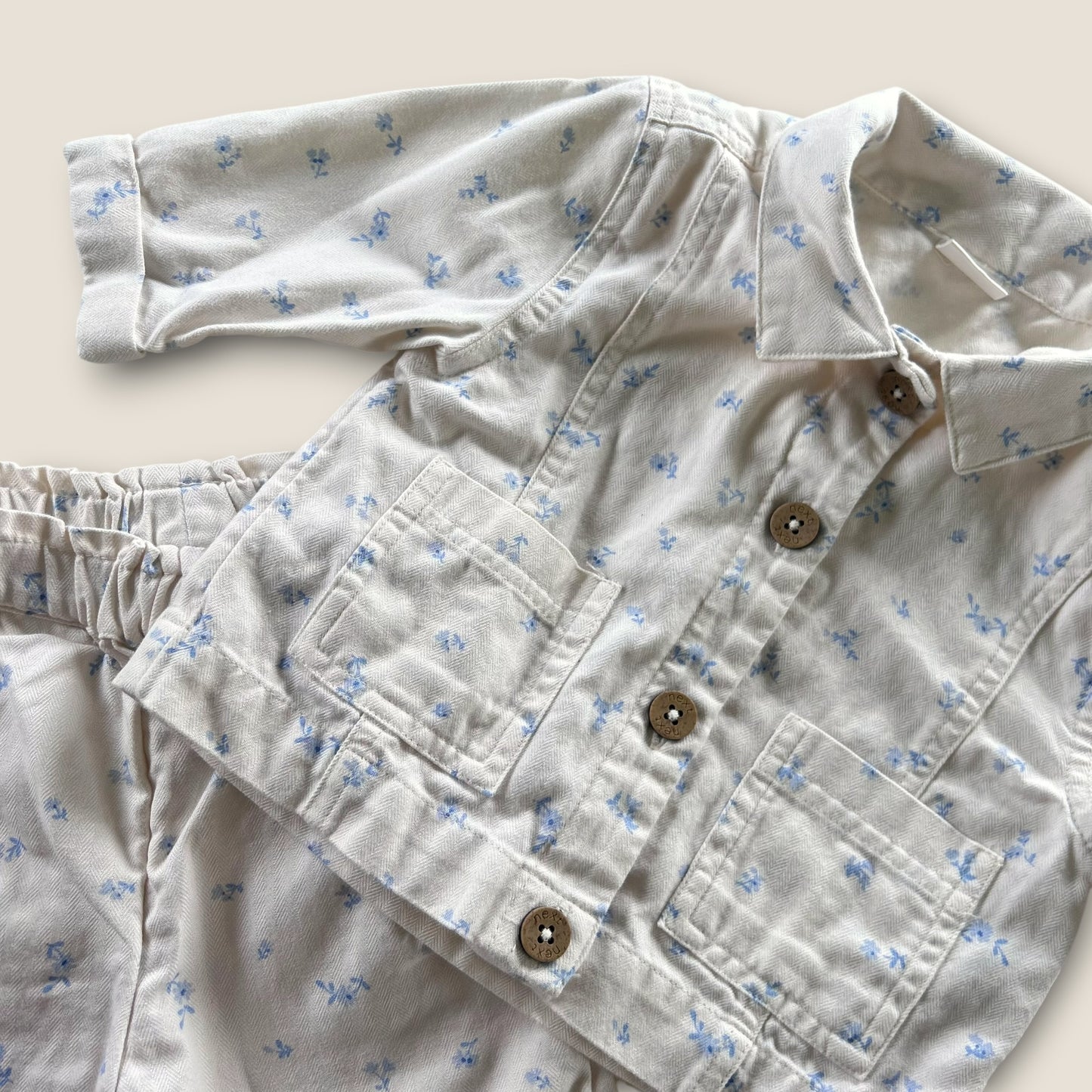 3-6 Months Next Cream and Blue Floral Jacket and Trousers Co Ord Set