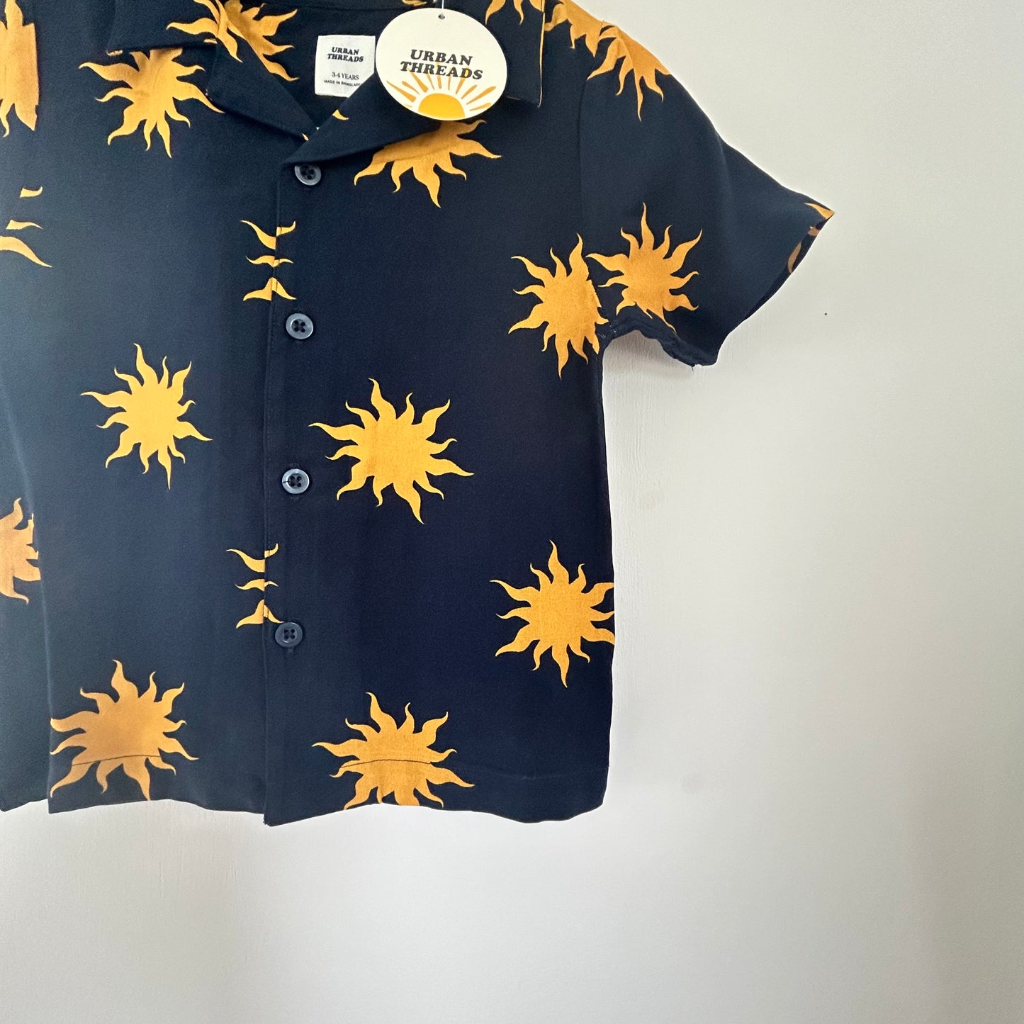 3-4 Years Urban Threads Navy Blue Mustard Sun Print Summer Shirt NEW