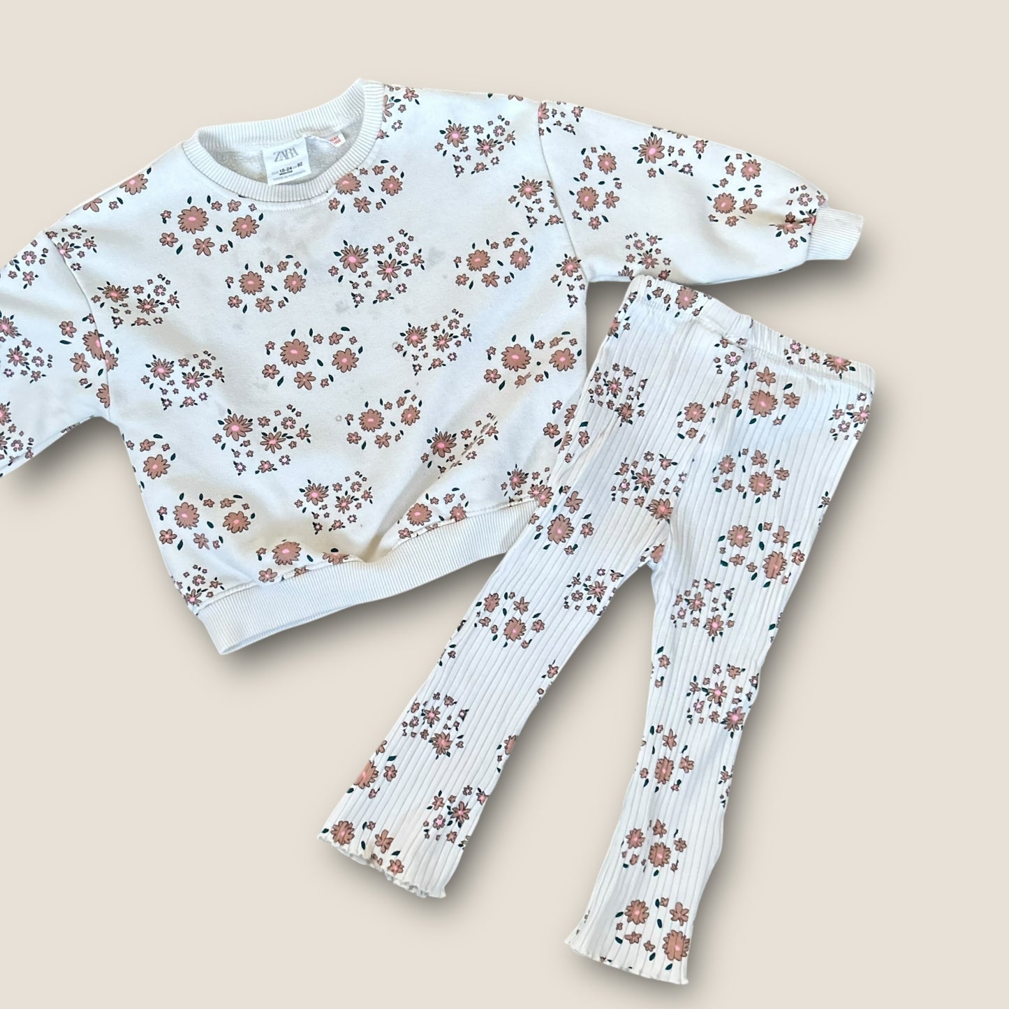 18-24 Months Zara Cream Floral Printed Sweatshirt and Flared Leggings Set Co Ord