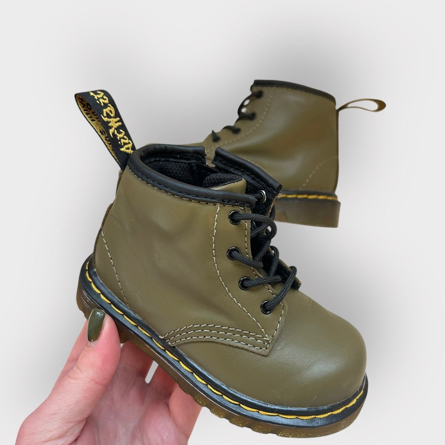 UK Infant 5 EU 21.5 Khaki Green Leather Dr Martens Boots