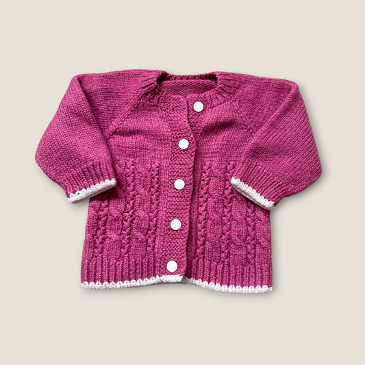0-3 Months Hand Knitted Pink and White Cardigan