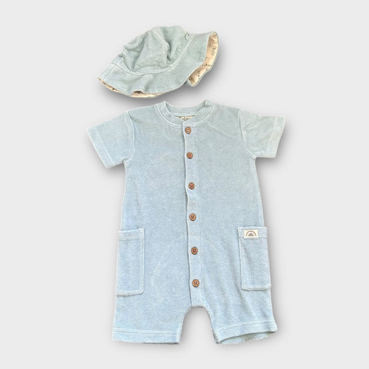 6-9 Months Nutmeg Baby Boy Blue Terry Towelling Romper and Hat Set