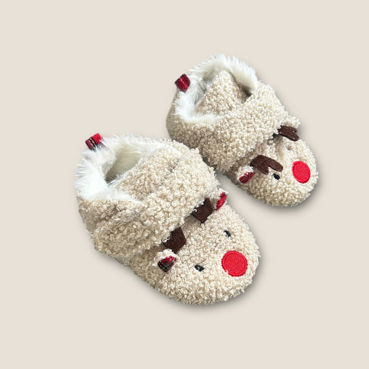 9-12 Months George Beige Boucle Reindeer Slippers Pram Shoes Christmas