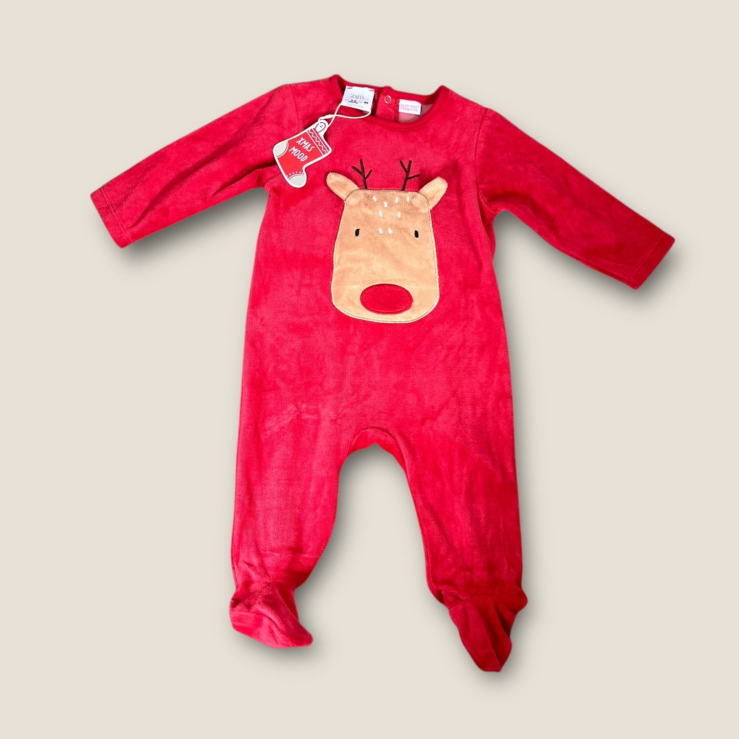 3-6 Months Zara Red Reindeer Christmas Velour Sleepsuit Outfit New