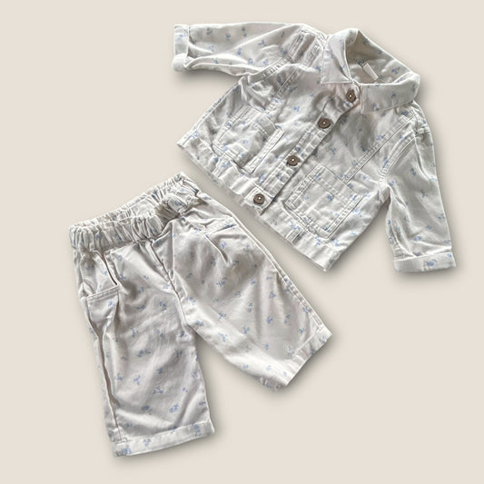 3-6 Months Next Cream and Blue Floral Jacket and Trousers Co Ord Set