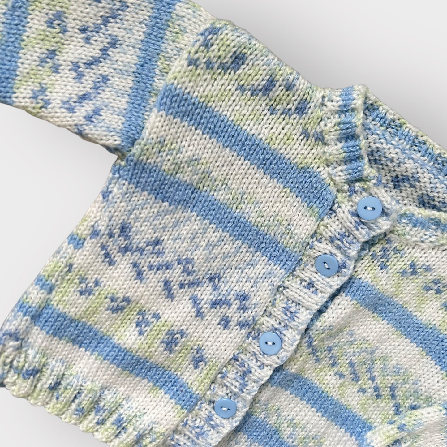 6-12 Months Hand Knitted Blue White and Sage Green Cardigan