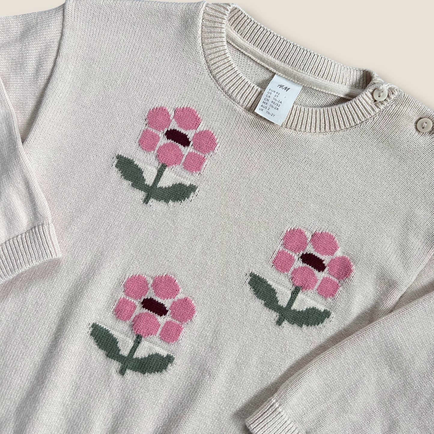 1.5-2 years H&M Cream Pink Floral Knitted Jumper