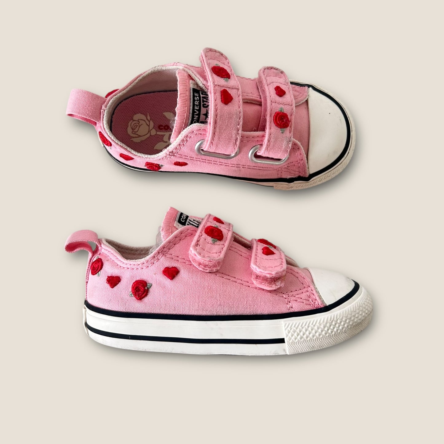 UK Infant Size 6 Pink Roses Embroidered Low Converse Velcro Trainers