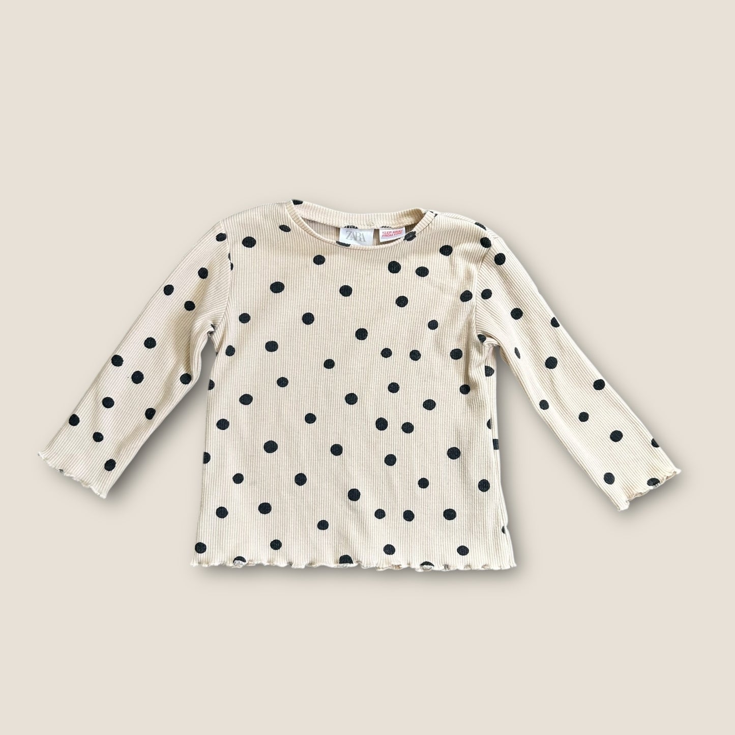 6-9 Months Zara Cream and Black Polka Dot Ribbed Jersey Long Sleeve Top