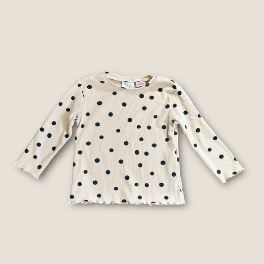 6-9 Months Zara Cream and Black Polka Dot Ribbed Jersey Long Sleeve Top