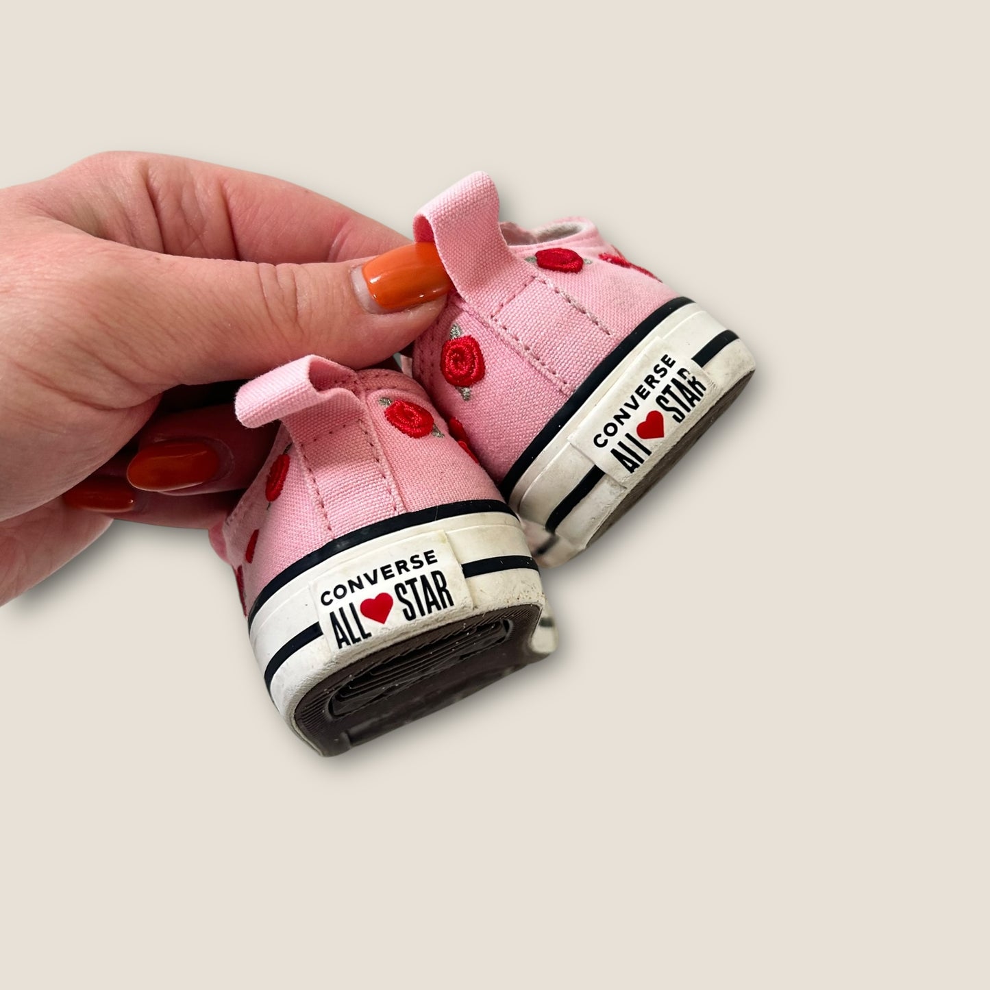 UK Infant Size 6 Pink Roses Embroidered Low Converse Velcro Trainers