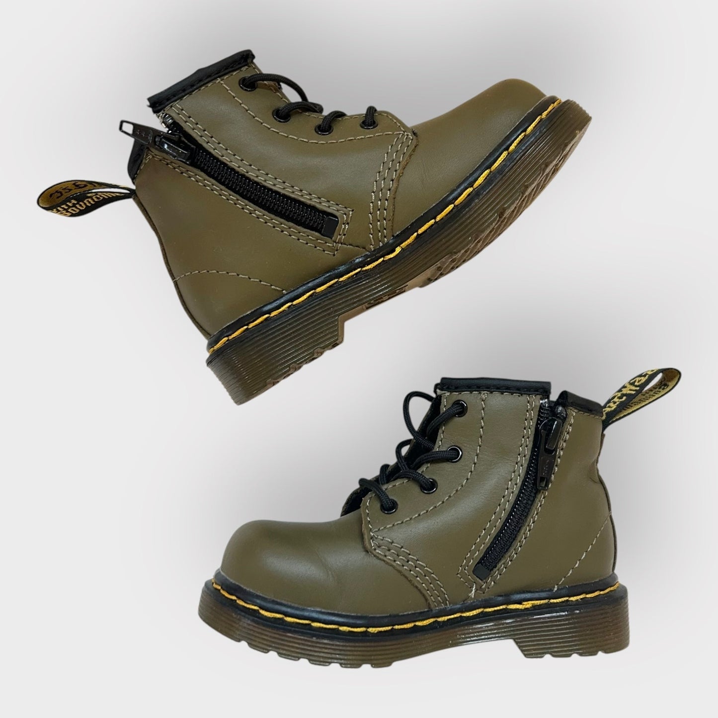 UK Infant 5 EU 21.5 Khaki Green Leather Dr Martens Boots