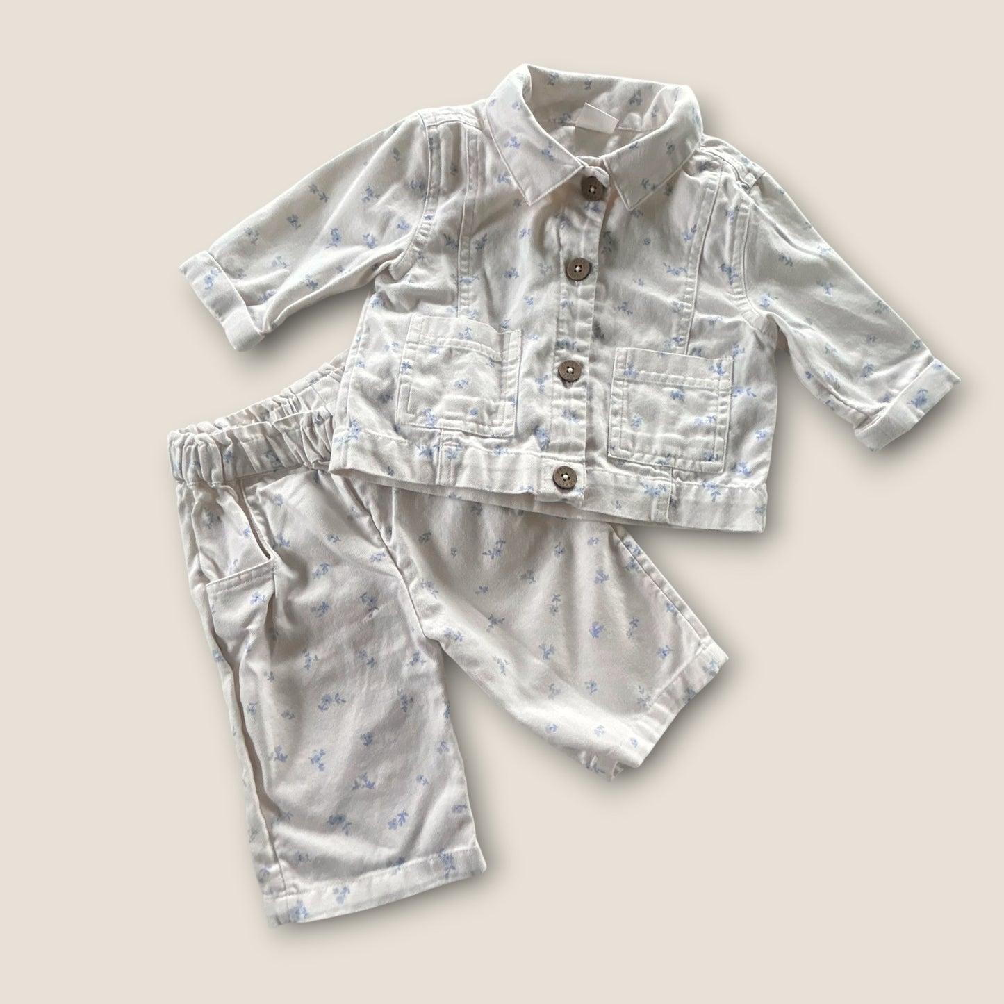 3-6 Months Next Cream and Blue Floral Jacket and Trousers Co Ord Set