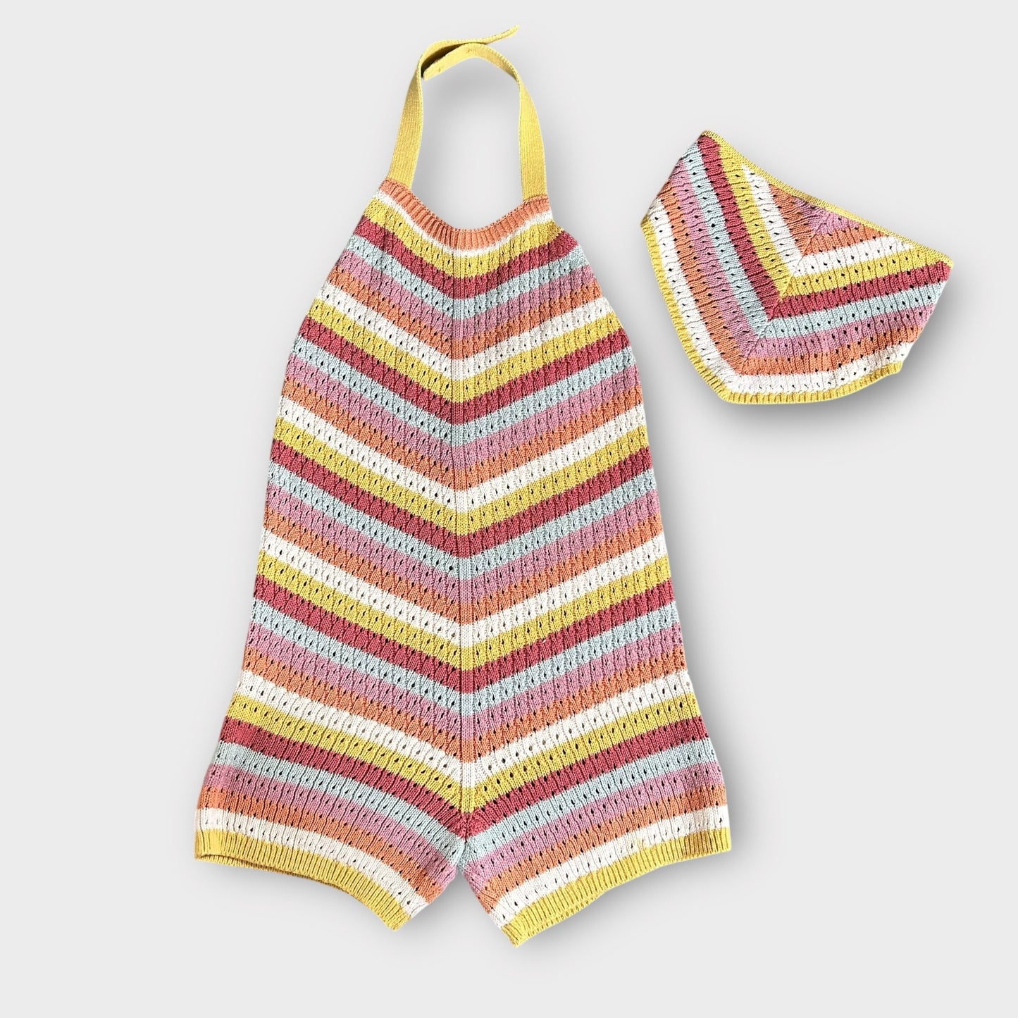 4-5 Years Zara Multi Coloured Knitted Crochet Striped Playsuit Romper and Bandana