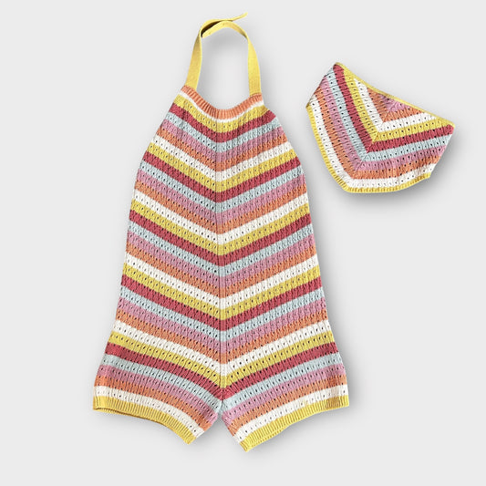 4-5 Years Zara Multi Coloured Knitted Crochet Striped Playsuit Romper and Bandana