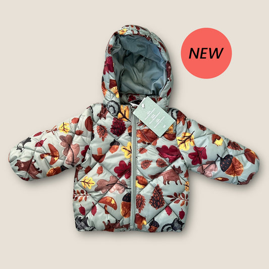 4-6 Months H&M Khaki Green Autumn Print Acorn Leaves Puffer Coat New