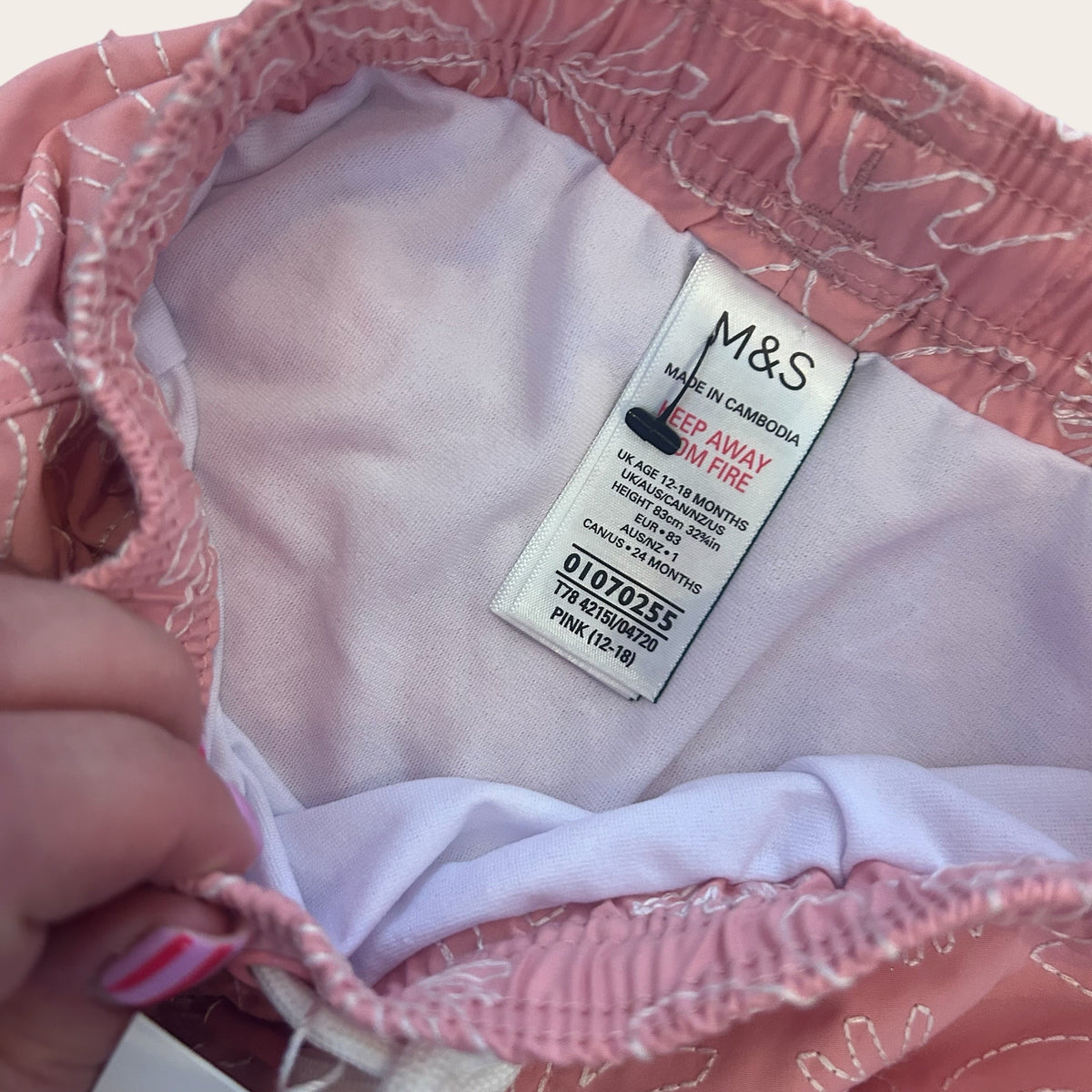 12-18 Months M&S Marks and Spencer Swim Shorts Pink Leaf embroidered New