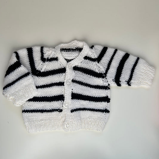 0-3 Months Hand Knitted Black and White Striped Cardigan