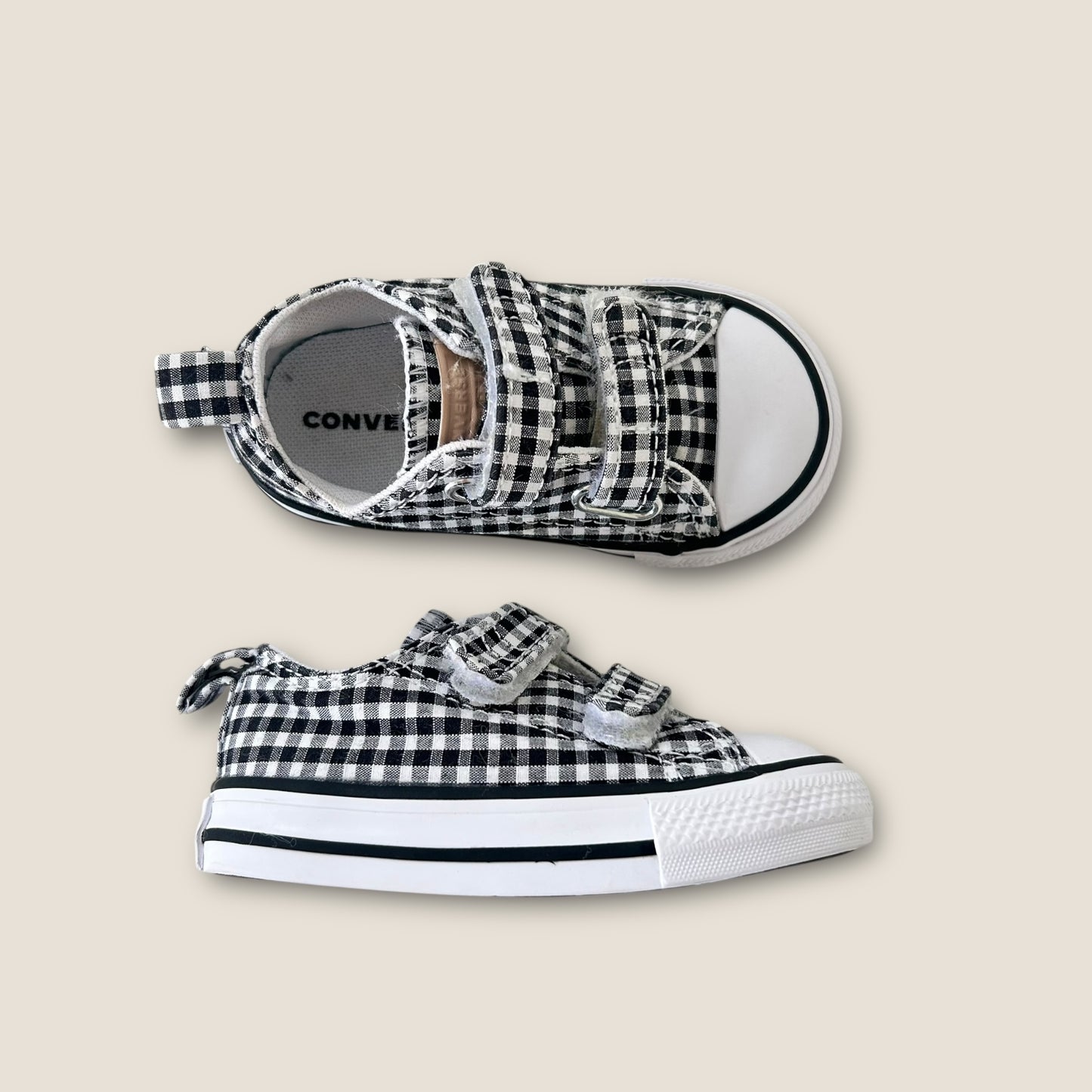 UK Infant Size 4 Black And White Gingham Print Low Converse Velcro Trainers